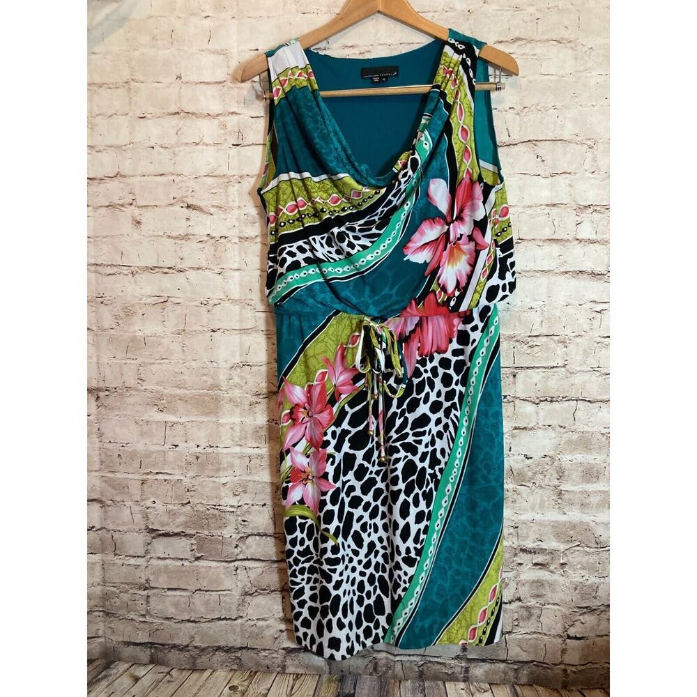 Laudrew Dress Womens 10 Turquoise Mixed Print Tropical Cowl Neck Midi Stretch